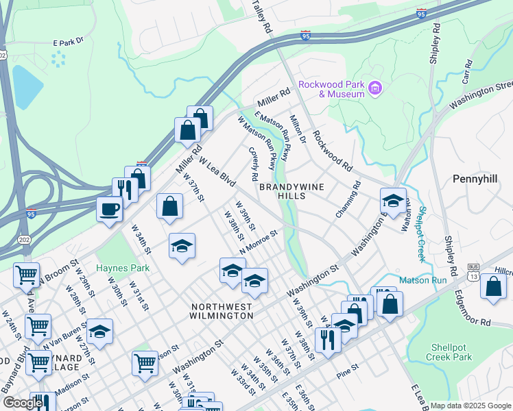 map of restaurants, bars, coffee shops, grocery stores, and more near 605 Coverly Road in Wilmington