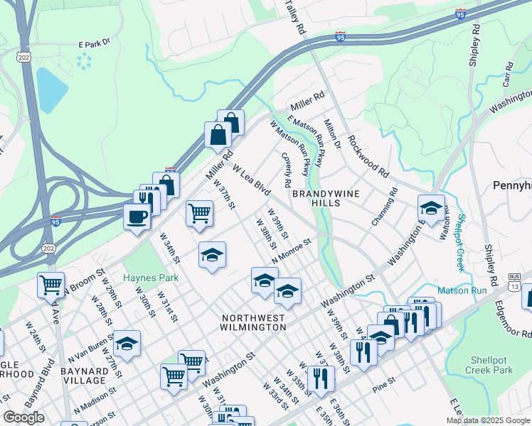 map of restaurants, bars, coffee shops, grocery stores, and more near 610 West Lea Boulevard in Wilmington