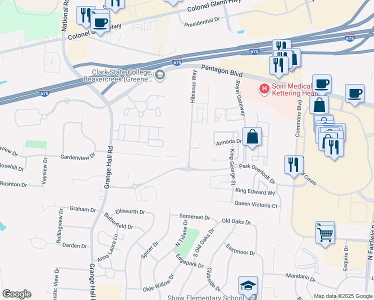 map of restaurants, bars, coffee shops, grocery stores, and more near 2641 Hibiscus Way in Beavercreek