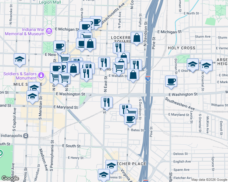 map of restaurants, bars, coffee shops, grocery stores, and more near 531w East Market Street in Indianapolis