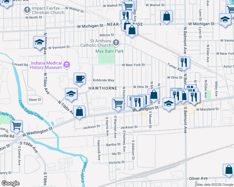 map of restaurants, bars, coffee shops, grocery stores, and more near 95 North Warman Avenue in Indianapolis
