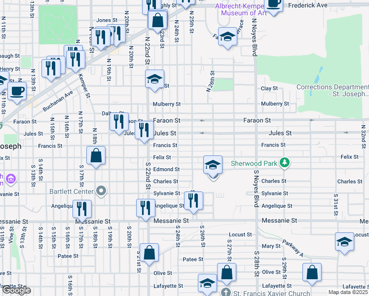 map of restaurants, bars, coffee shops, grocery stores, and more near 2402 Jules Street in Saint Joseph