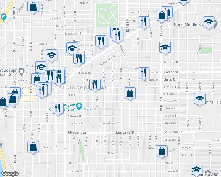 map of restaurants, bars, coffee shops, grocery stores, and more near 1510 Jules Street in Saint Joseph