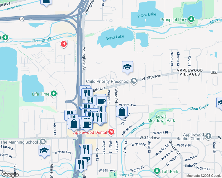 map of restaurants, bars, coffee shops, grocery stores, and more near in Wheat Ridge