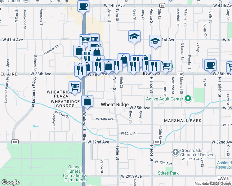 map of restaurants, bars, coffee shops, grocery stores, and more near 3664 Teller Street in Wheat Ridge