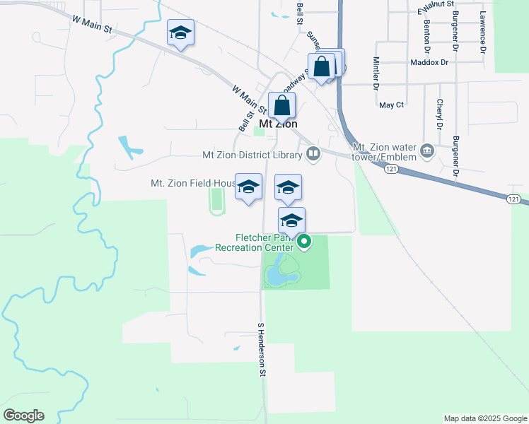 map of restaurants, bars, coffee shops, grocery stores, and more near 310 South Henderson Street in Mount Zion