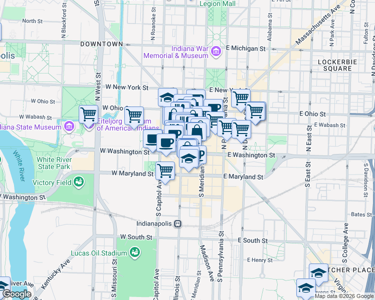 map of restaurants, bars, coffee shops, grocery stores, and more near 50 West Washington Street in Indianapolis