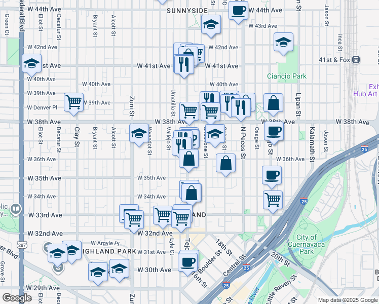 map of restaurants, bars, coffee shops, grocery stores, and more near 3616 Tejon Street in Denver