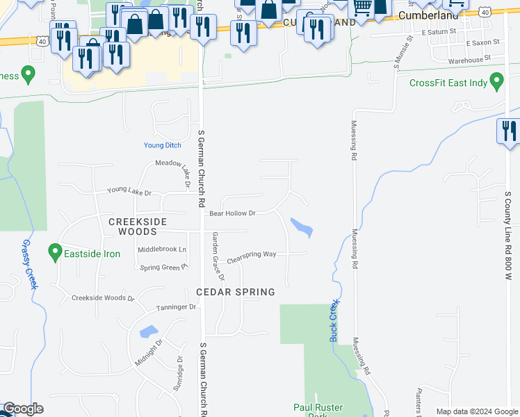 map of restaurants, bars, coffee shops, grocery stores, and more near 11144 Bear Hollow Drive in Indianapolis