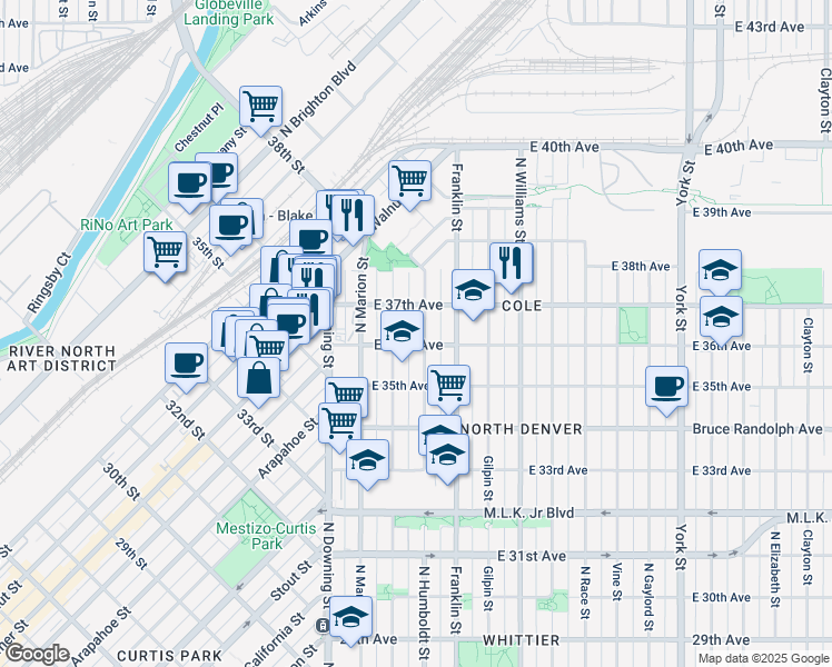 map of restaurants, bars, coffee shops, grocery stores, and more near 3601 Humboldt Street in Denver