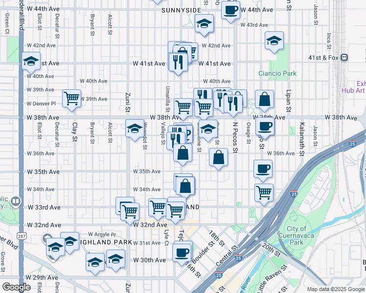 map of restaurants, bars, coffee shops, grocery stores, and more near 1934 West 37th Avenue in Denver