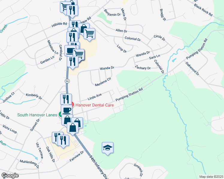 map of restaurants, bars, coffee shops, grocery stores, and more near 108 Linda Avenue in Hanover