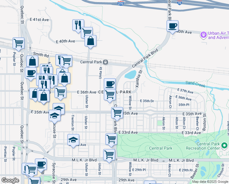 map of restaurants, bars, coffee shops, grocery stores, and more near East 36th Avenue in Denver
