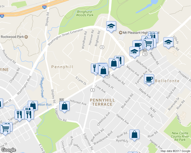 map of restaurants, bars, coffee shops, grocery stores, and more near 407 Marsh Rd in Wilmington