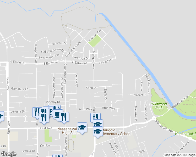map of restaurants, bars, coffee shops, grocery stores, and more near 2848 Marigold Avenue in Chico