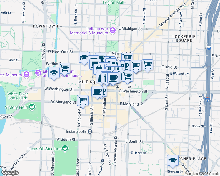 map of restaurants, bars, coffee shops, grocery stores, and more near 18 East Washington Street in Indianapolis
