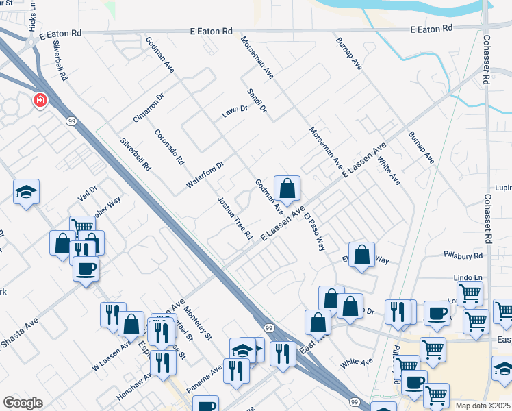 map of restaurants, bars, coffee shops, grocery stores, and more near 571 Morgan Drive in Chico