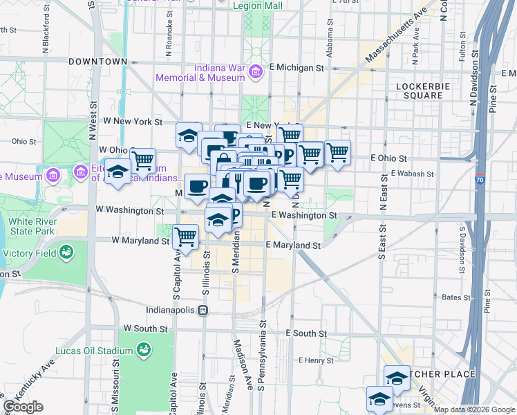 map of restaurants, bars, coffee shops, grocery stores, and more near 38 East Washington Street in Indianapolis
