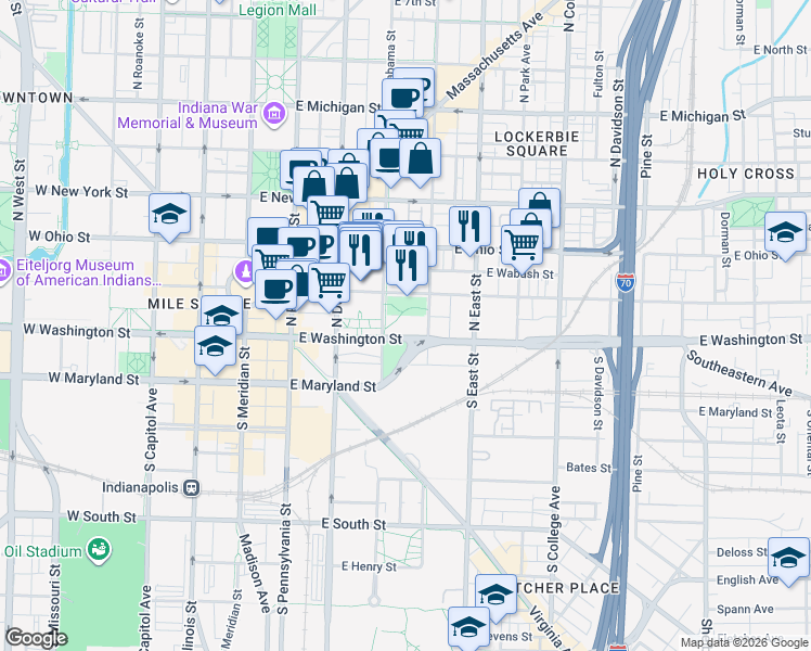 map of restaurants, bars, coffee shops, grocery stores, and more near 98 North New Jersey Street in Indianapolis
