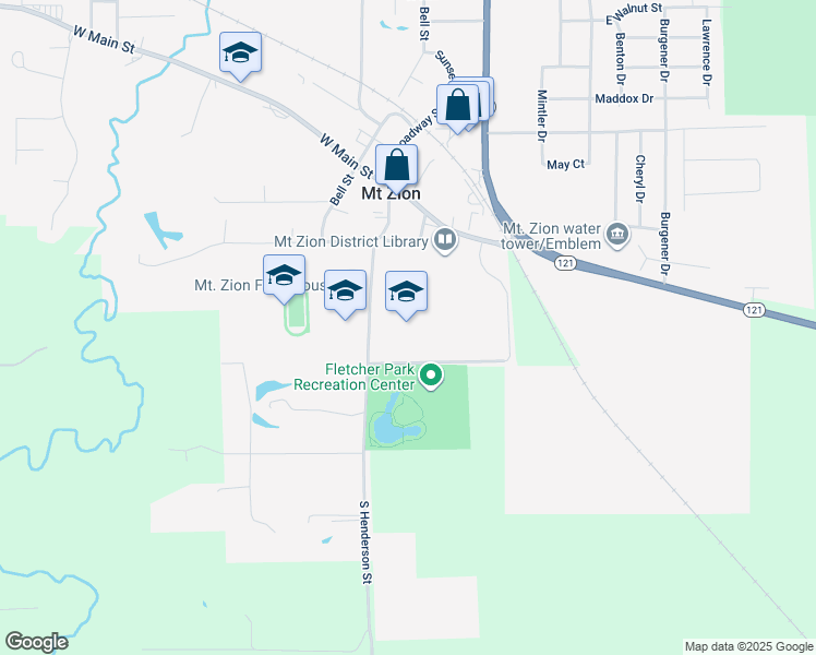 map of restaurants, bars, coffee shops, grocery stores, and more near 310 South Henderson Street in Mount Zion