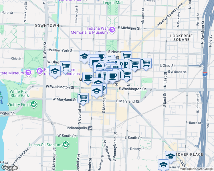 map of restaurants, bars, coffee shops, grocery stores, and more near 18 North Scioto Street in Indianapolis