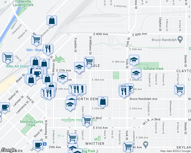 map of restaurants, bars, coffee shops, grocery stores, and more near 3621 High Street in Denver