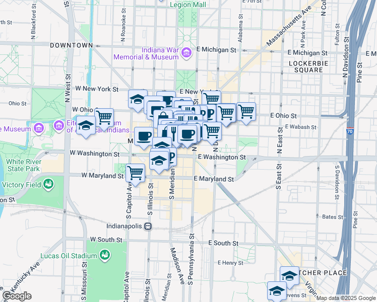 map of restaurants, bars, coffee shops, grocery stores, and more near 38 East Washington Street in Indianapolis