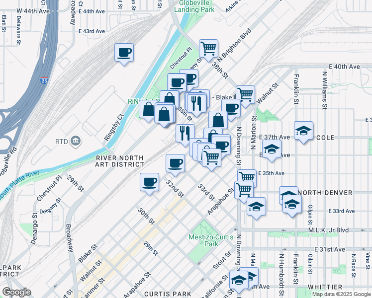 map of restaurants, bars, coffee shops, grocery stores, and more near 3401 Blake Street in Denver