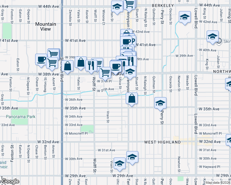 map of restaurants, bars, coffee shops, grocery stores, and more near 4523 West 36th Place in Denver
