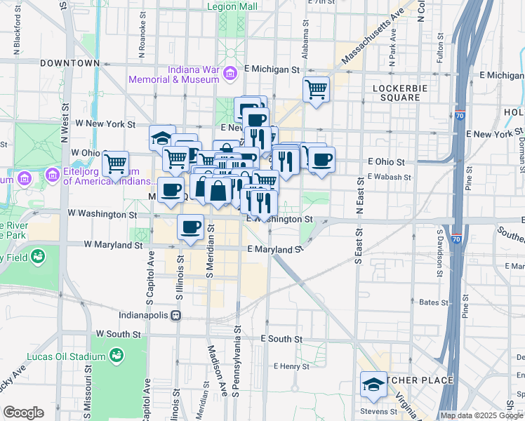 map of restaurants, bars, coffee shops, grocery stores, and more near 244 North College Avenue in Indianapolis