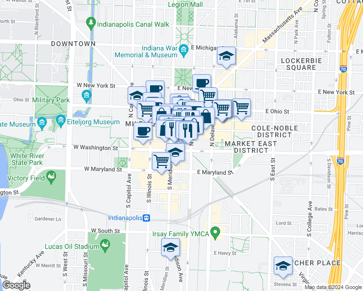 map of restaurants, bars, coffee shops, grocery stores, and more near 22 East Washington Street in Indianapolis