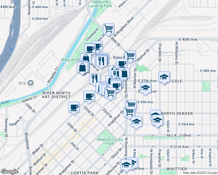map of restaurants, bars, coffee shops, grocery stores, and more near in Denver