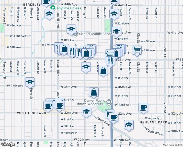 map of restaurants, bars, coffee shops, grocery stores, and more near 3138 West Clyde Place in Denver