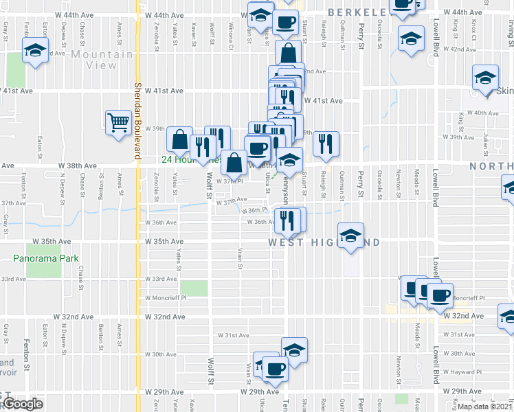 map of restaurants, bars, coffee shops, grocery stores, and more near 4655 West 37th Place in Denver