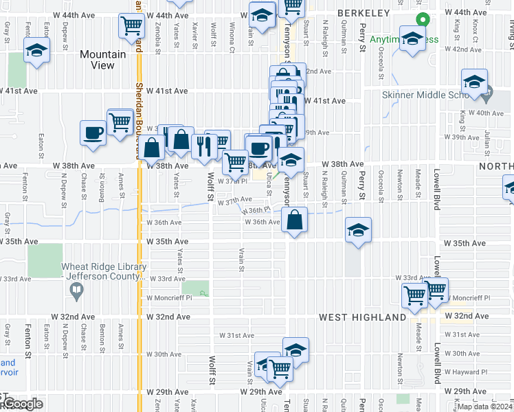 map of restaurants, bars, coffee shops, grocery stores, and more near 4655 West 37th Place in Denver