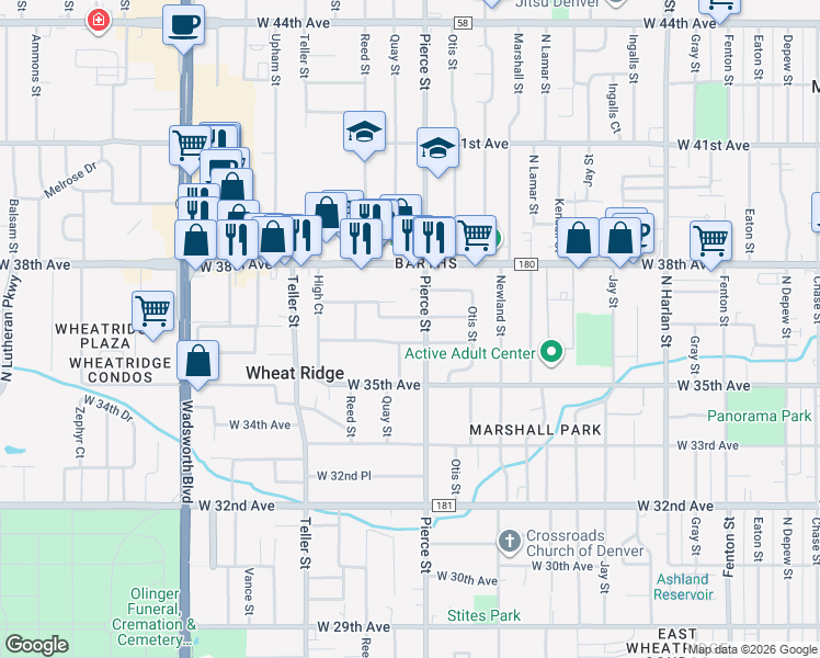 map of restaurants, bars, coffee shops, grocery stores, and more near 3650 Pierce Street in Wheat Ridge