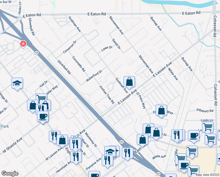 map of restaurants, bars, coffee shops, grocery stores, and more near 583 Morgan Drive in Chico