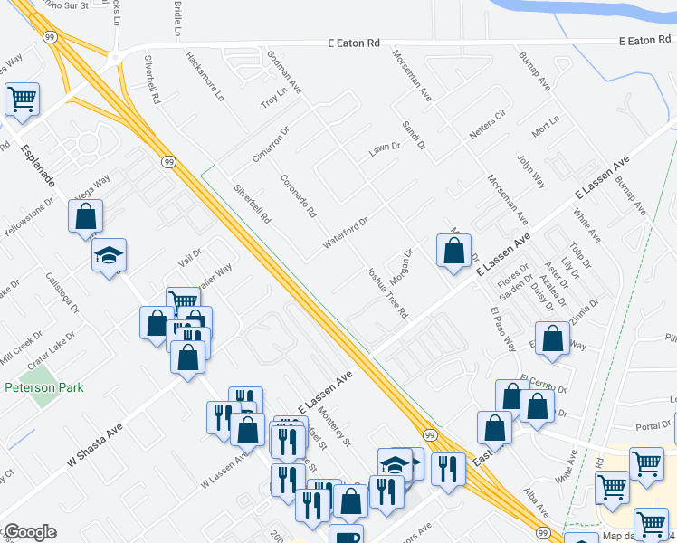 map of restaurants, bars, coffee shops, grocery stores, and more near 490 Posada Way in Chico