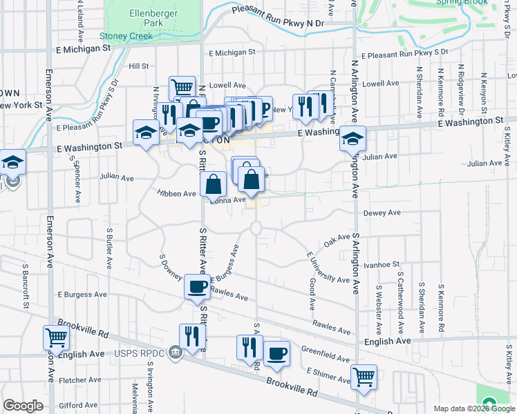 map of restaurants, bars, coffee shops, grocery stores, and more near 135 South Audubon Road in Indianapolis