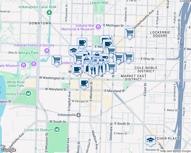 map of restaurants, bars, coffee shops, grocery stores, and more near 49 Monument Circle in Indianapolis