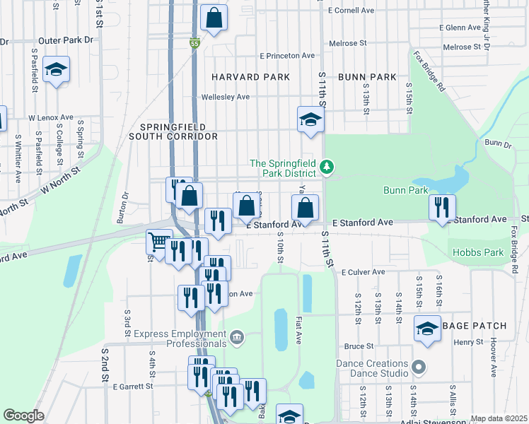 map of restaurants, bars, coffee shops, grocery stores, and more near 2624 South 9th Street in Springfield