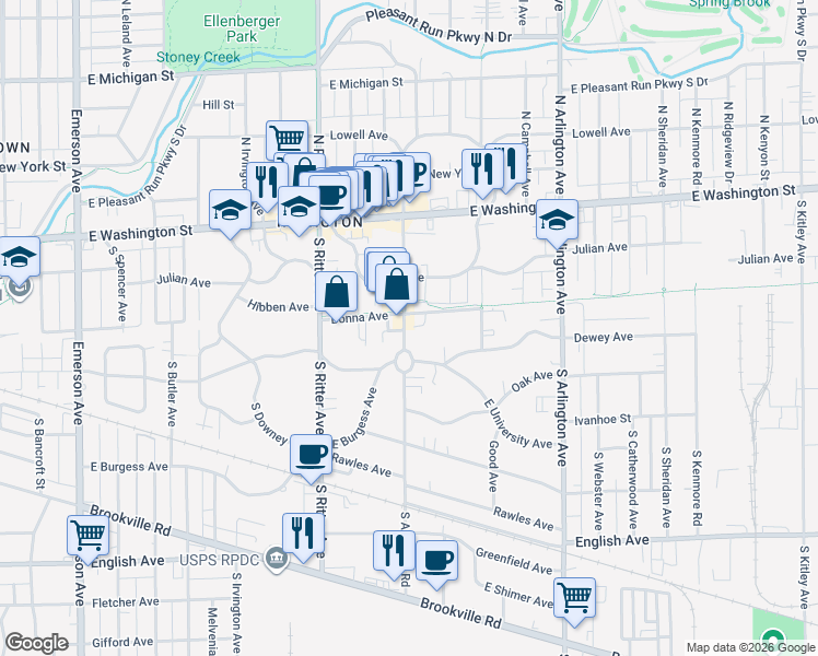 map of restaurants, bars, coffee shops, grocery stores, and more near 135 South Audubon Road in Indianapolis