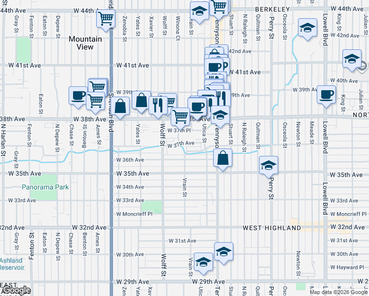 map of restaurants, bars, coffee shops, grocery stores, and more near 4630 West 37th Avenue in Denver