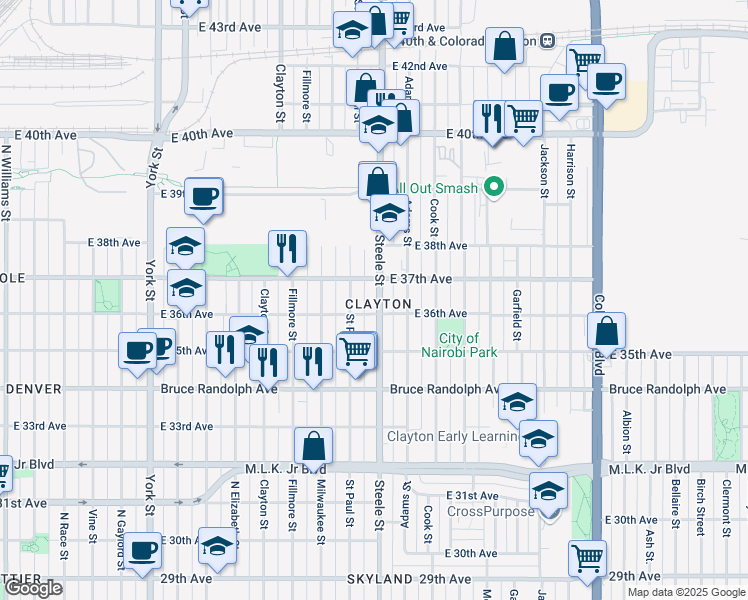 map of restaurants, bars, coffee shops, grocery stores, and more near in Denver