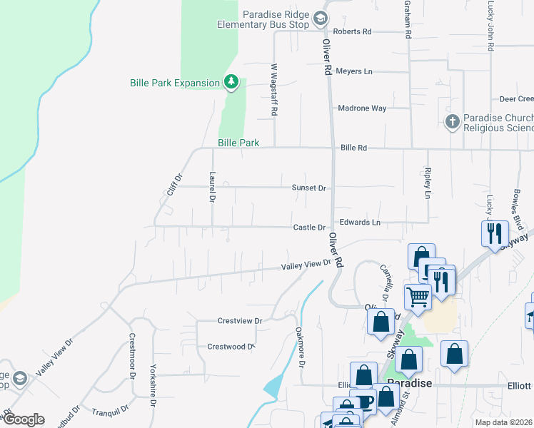 map of restaurants, bars, coffee shops, grocery stores, and more near 557 Castle Drive in Paradise