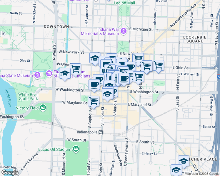 map of restaurants, bars, coffee shops, grocery stores, and more near 20 West Washington Street in Indianapolis