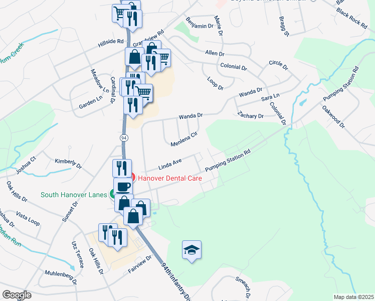 map of restaurants, bars, coffee shops, grocery stores, and more near 108 Linda Avenue in Hanover