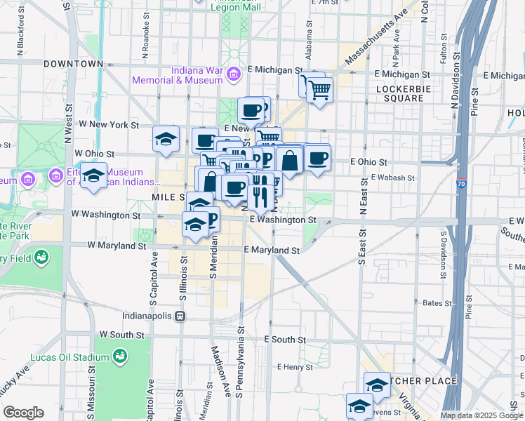 map of restaurants, bars, coffee shops, grocery stores, and more near 244 North College Avenue in Indianapolis