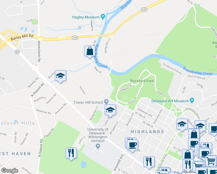 map of restaurants, bars, coffee shops, grocery stores, and more near 1926 Rising Sun Lane in Wilmington