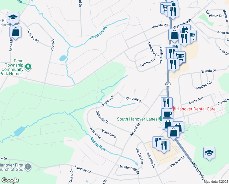 map of restaurants, bars, coffee shops, grocery stores, and more near 390 Joshua Court in Hanover
